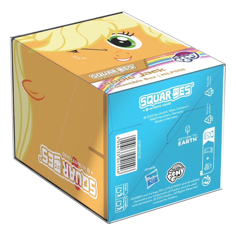 A tilted Ultimate Guard Squaroes collectible box featuring a cartoon My Little Pony character with blonde hair and green eyes on an orange background, with a blue front panel