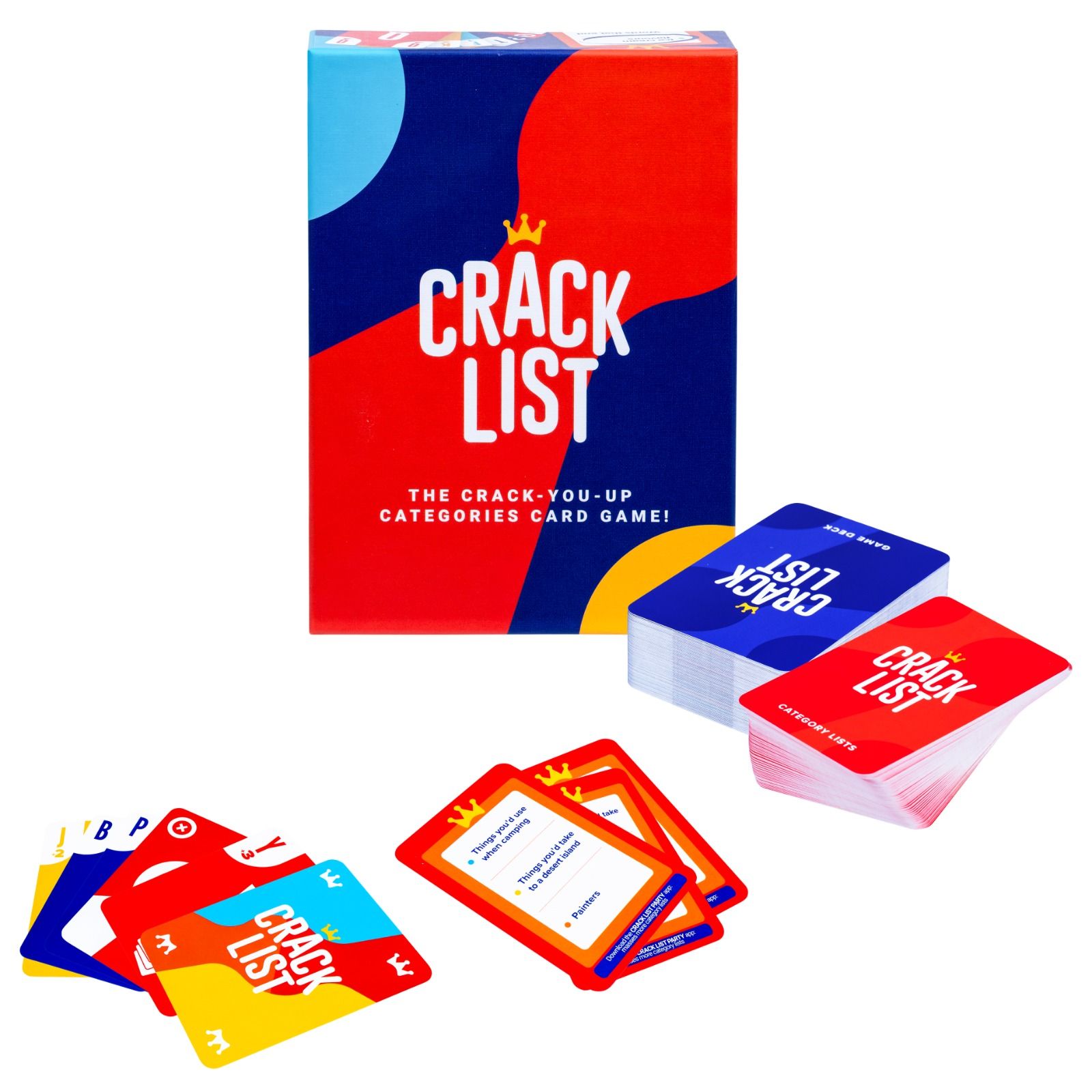 Crack List categories card game box, stacks of blue and red decks, and loose colourful playing cards displayed on a white background