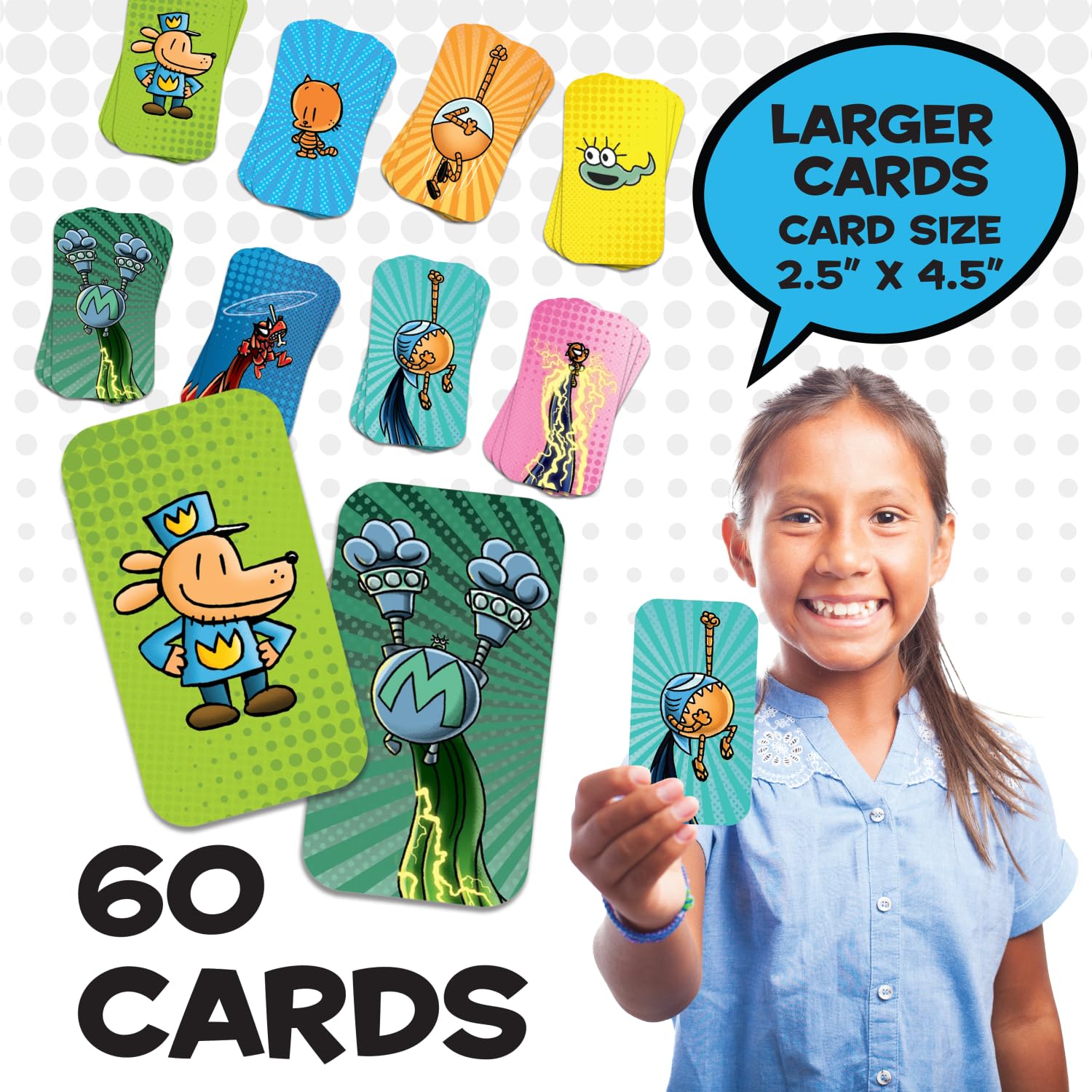 Smiling girl holding one of 60 large Dog Man character playing cards (2.5" x 4.5"), assorted colourful Cat Kid Comic Club characters displayed