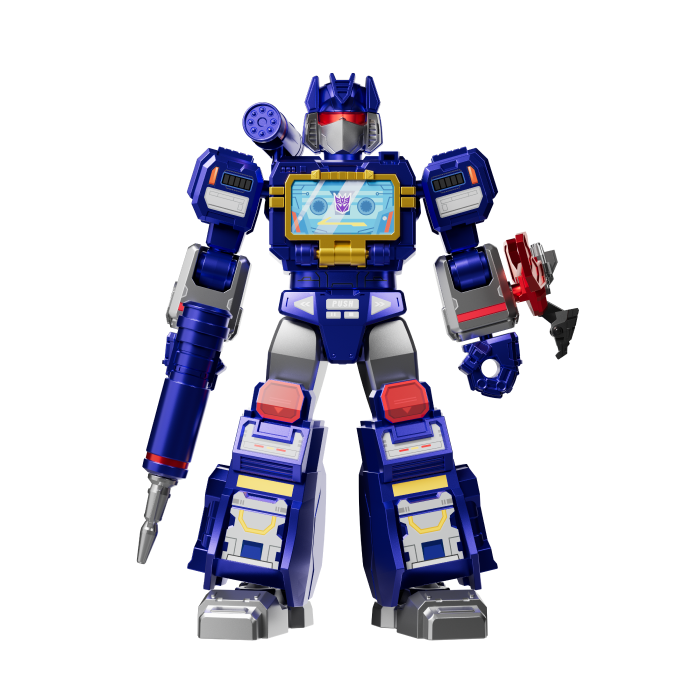 Deep blue Transformers G1 Soundwave Masterpiece action figure with red eye visor and gold details standing upright