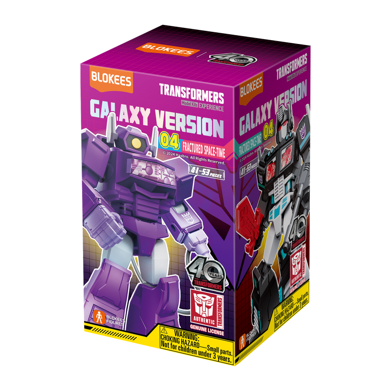 Blokees Transformers Galaxy Version 04 Fractured Space-Time model kit box with purple Shockwave and black and white robot figures on front