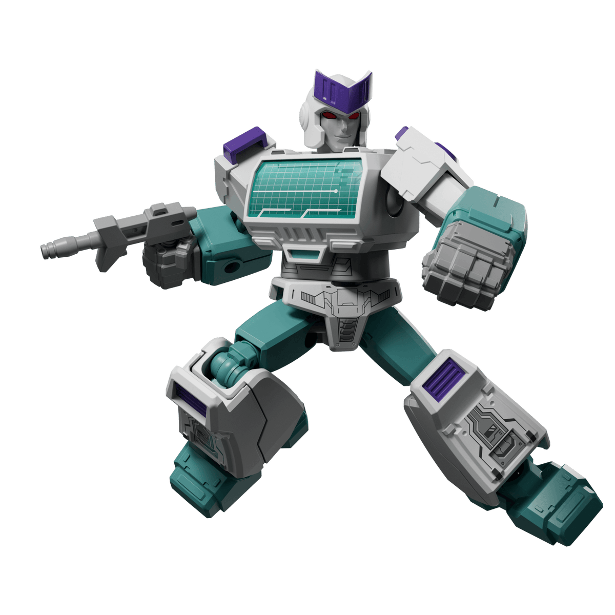 Transformers Autobot Brainstorm action figure in white and teal with purple accents holding a grey blaster gun