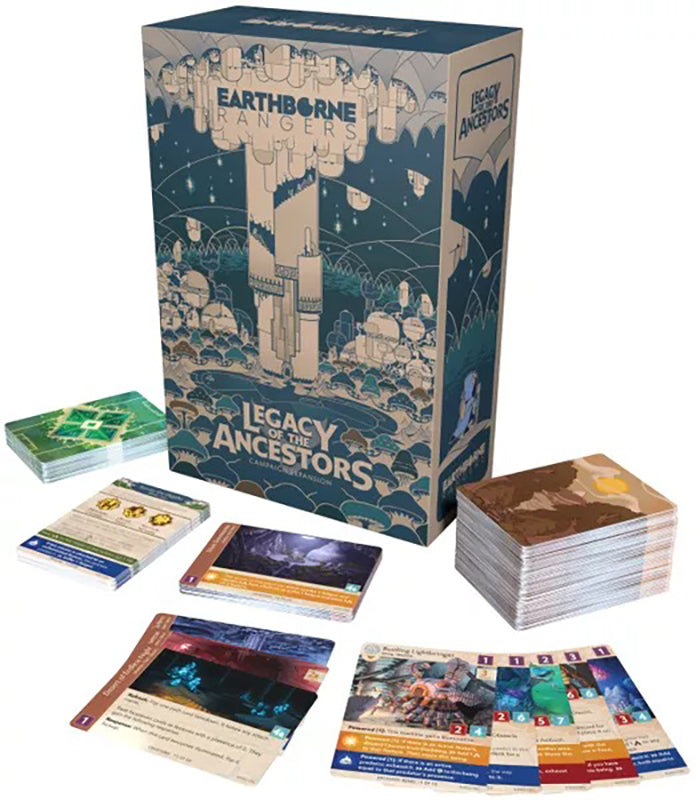 Earthborne Rangers Legacy of the Ancestors box and game cards shown against a white background