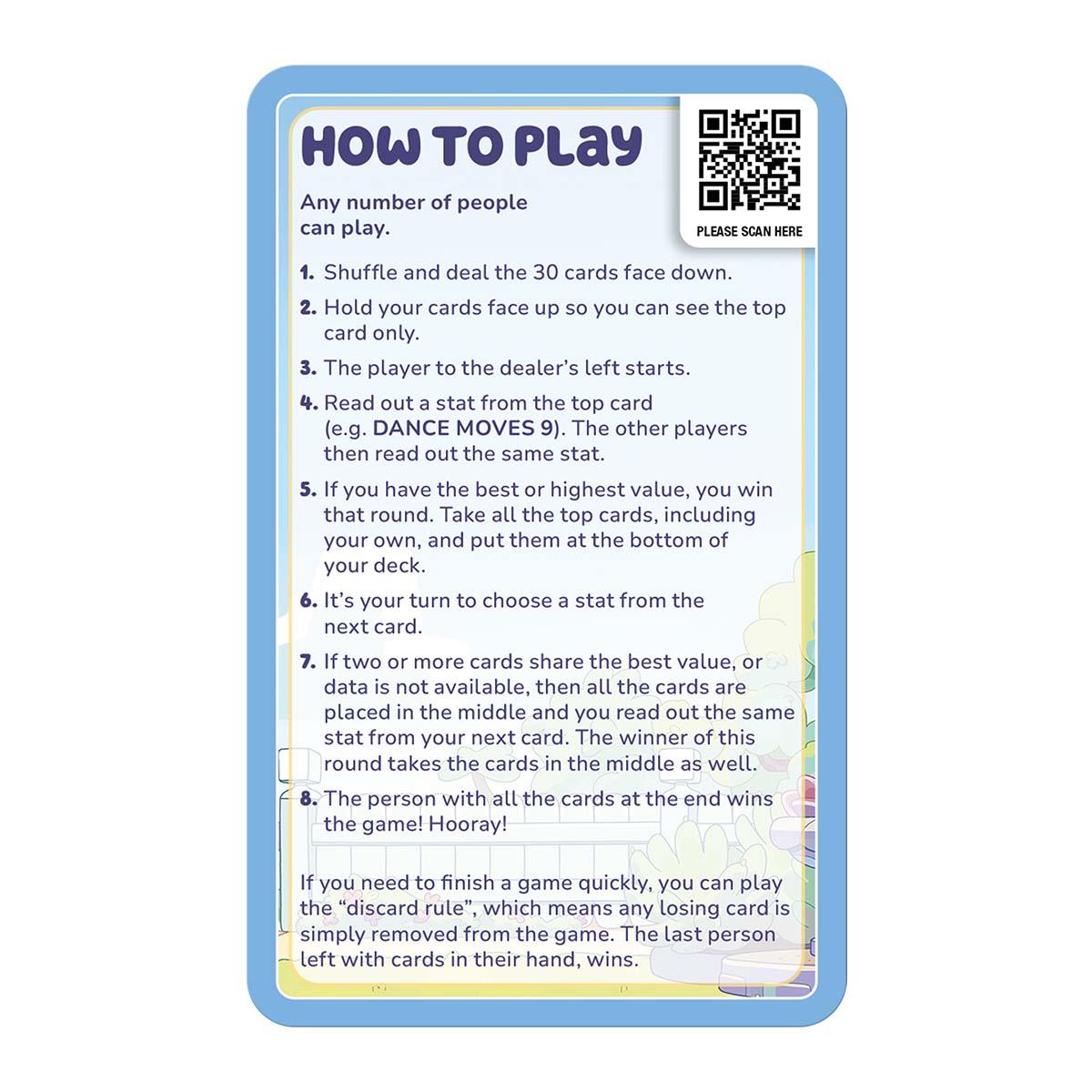 Bluey Top Trumps Specials game instructions card outlining how to play with 30 cards including shuffling dealing turn order and winning conditions