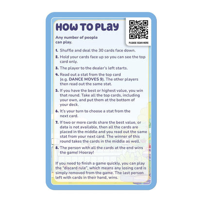Bluey Top Trumps Specials game instructions card outlining how to play with 30 cards including shuffling dealing turn order and winning conditions