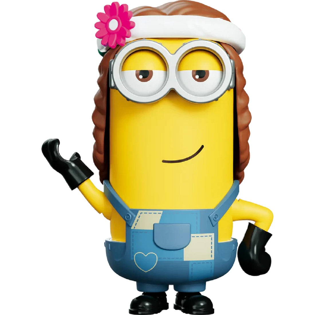 Minion figure in a hippie costume: brown wig, pink flower headband, patched overalls, and goggles, waving