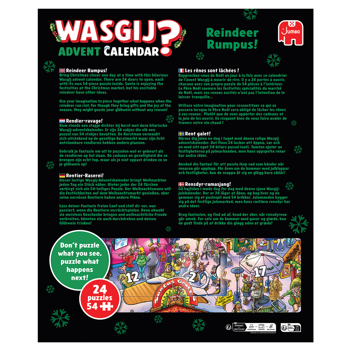 WASGIJ? Reindeer Rumpus! Advent Calendar packaging showing a chaotic Christmas market puzzle scene