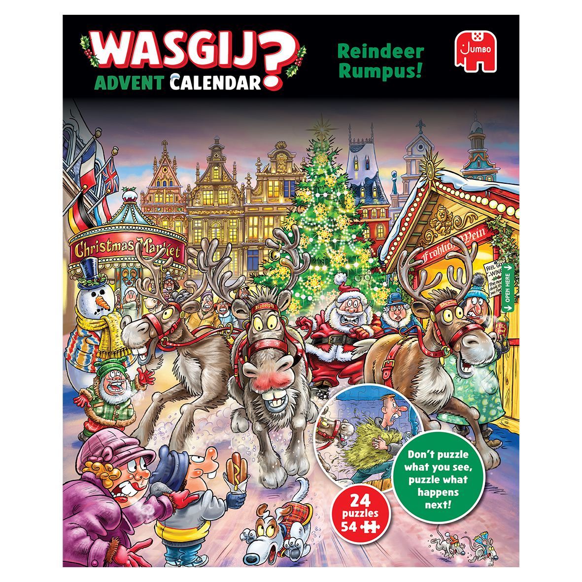 Wasgij? Advent Calendar cover art: Cartoon reindeer creating chaos at a crowded European Christmas market