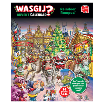 Wasgij? Advent Calendar cover art: Cartoon reindeer creating chaos at a crowded European Christmas market