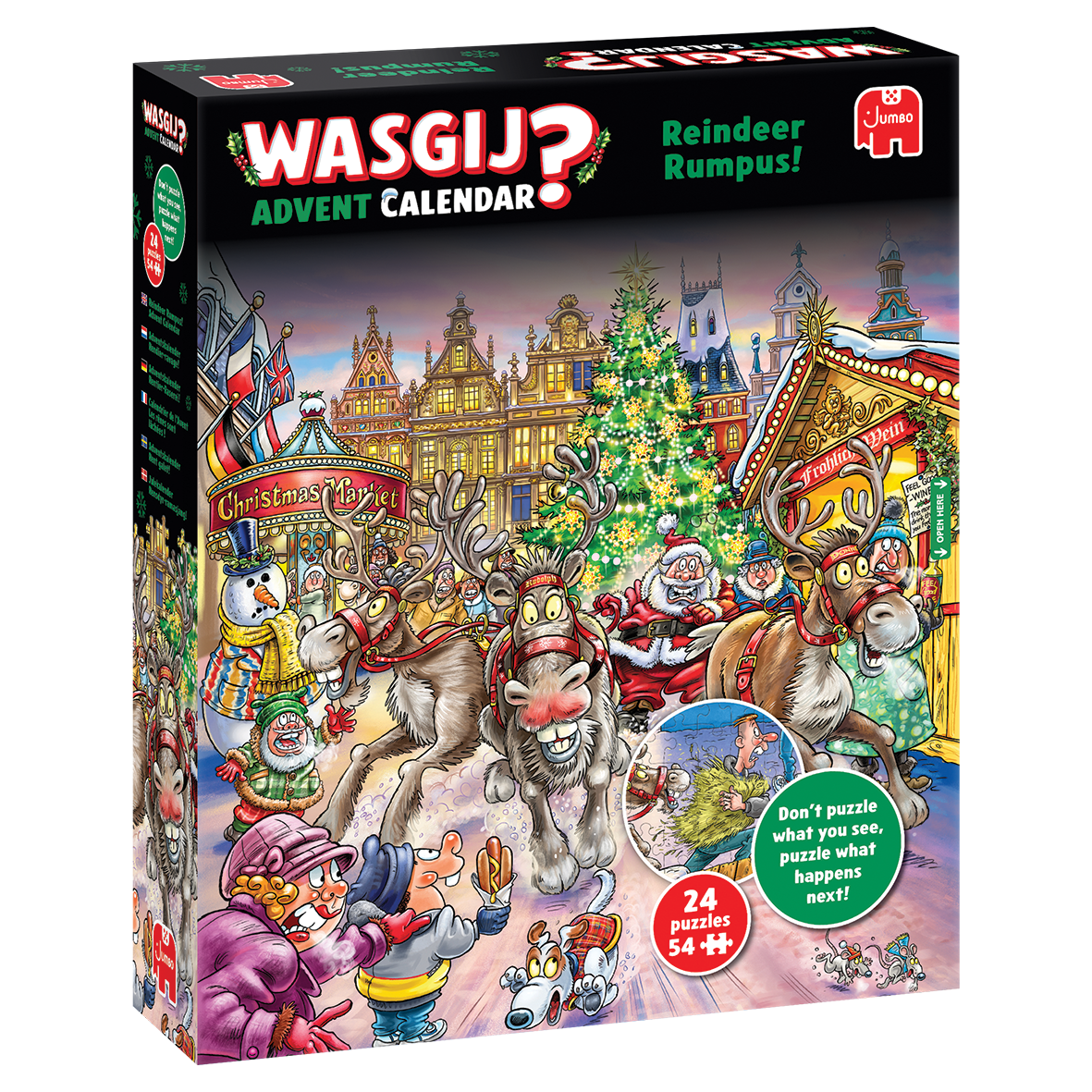 Wasgij? Advent Calendar "Reindeer Rumpus!" puzzle box showing cartoon chaos at a festive Christmas market