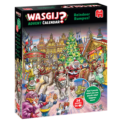 Wasgij? Advent Calendar "Reindeer Rumpus!" puzzle box showing cartoon chaos at a festive Christmas market