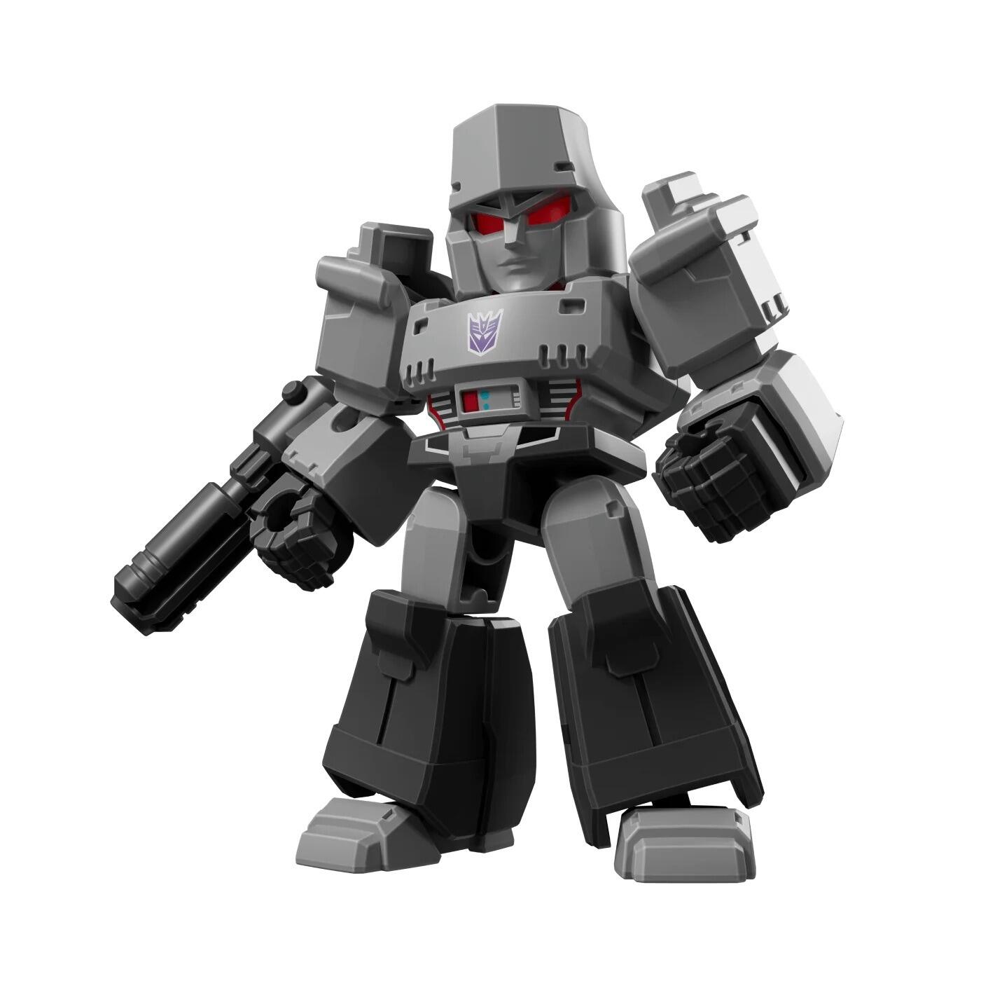 Blocky gray Megatron figure (Transformers) with red eyes, holding his arm cannon