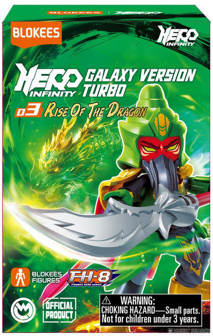 Blokees Hero Infinity Turbo "Rise of the Dragon" toy box, green armored figure with silver sword and gold dragon graphic against a bright green background