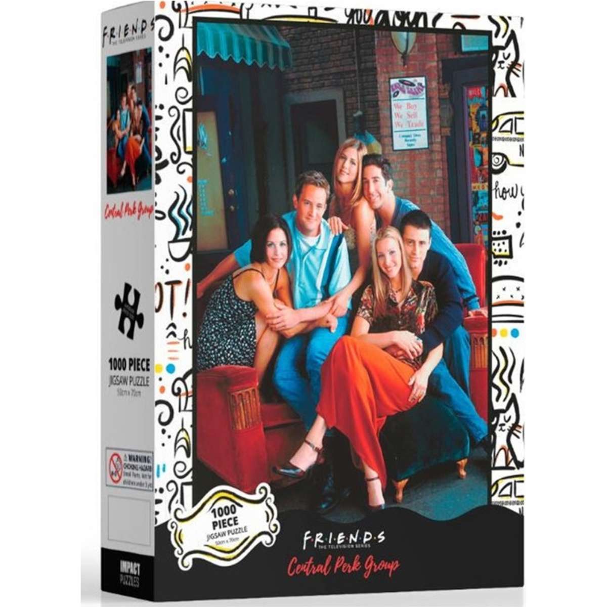 Front view of Impact Puzzle Friends Central Perk Group box featuring the iconic cast photo