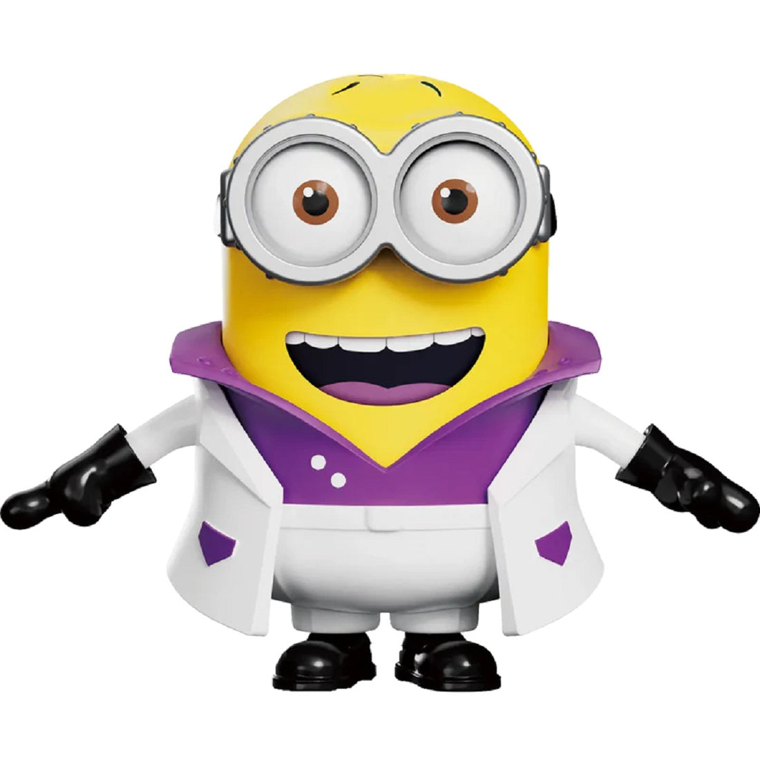 Smiling Minion figure wearing a white lab coat and purple shirt