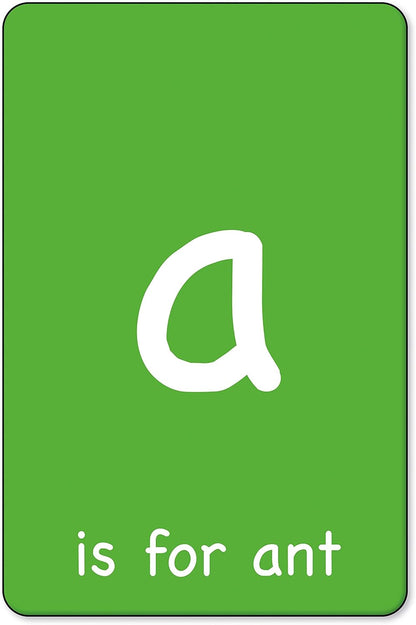 Green flashcard showing white lowercase letter 'a' with the text "is for ant" below, for teaching phonics and the alphabet