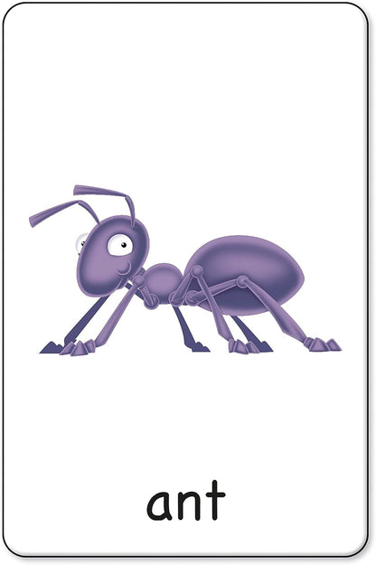 Cartoon purple ant on a white flashcard with the lowercase word "ant" written below