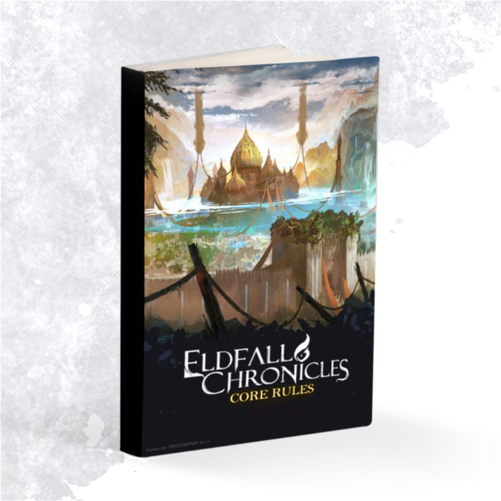 Eldfall Chronicles Core Rules book standing upright. Its fantasy cover depicts a golden floating city and waterfalls