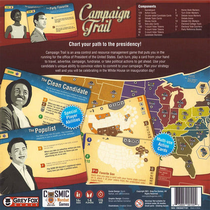 Back of Campaign Trail board game box showing game board components list candidate cards and product details