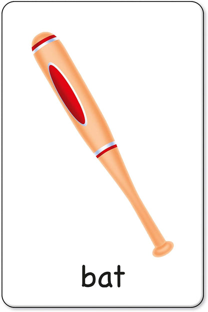 Flashcard showing a stylized baseball bat with red accents and the word "bat" underneath