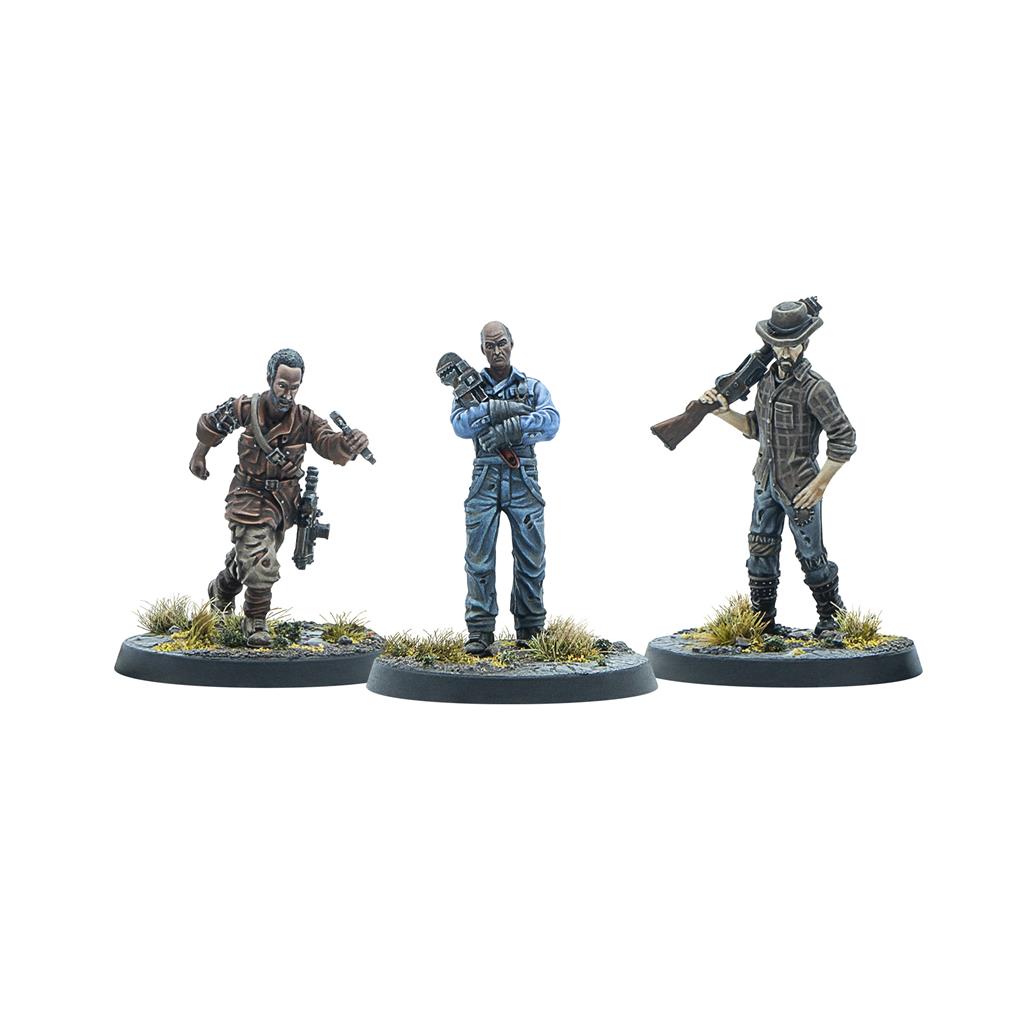 Three painted miniatures: a man running with a pistol, a bald man in overalls holding a wrench, and a man with a hat and rifle.