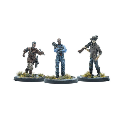 Three painted miniatures: a man running with a pistol, a bald man in overalls holding a wrench, and a man with a hat and rifle.
