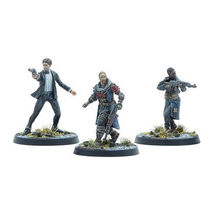 Three painted wargaming miniatures: a man in a tuxedo aiming a pistol, a bearded man in rugged gear with a rifle, and a figure in a blue coat with a rifle.