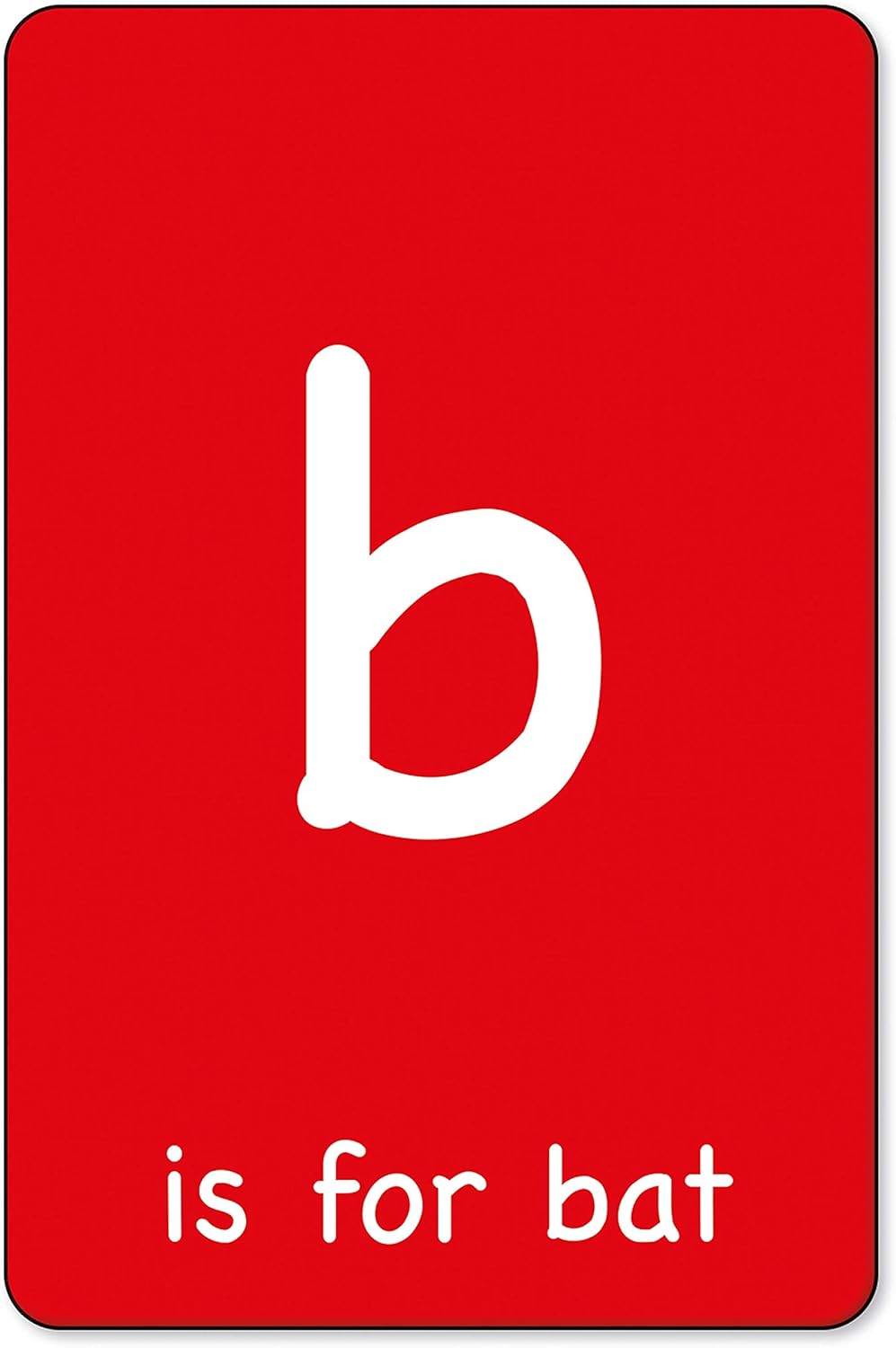 Red alphabet flashcard: Lowercase letter 'b' in white text, paired with the phrase "is for bat"