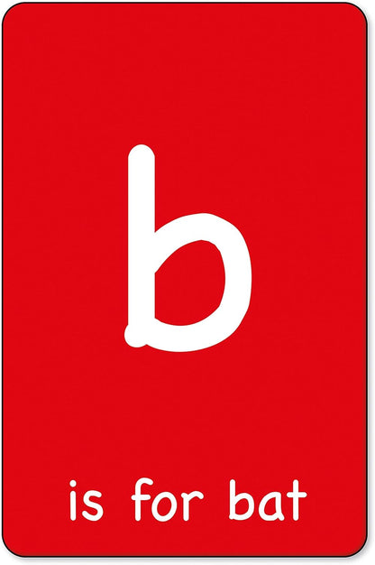 Red alphabet flashcard: Lowercase letter 'b' in white text, paired with the phrase "is for bat"