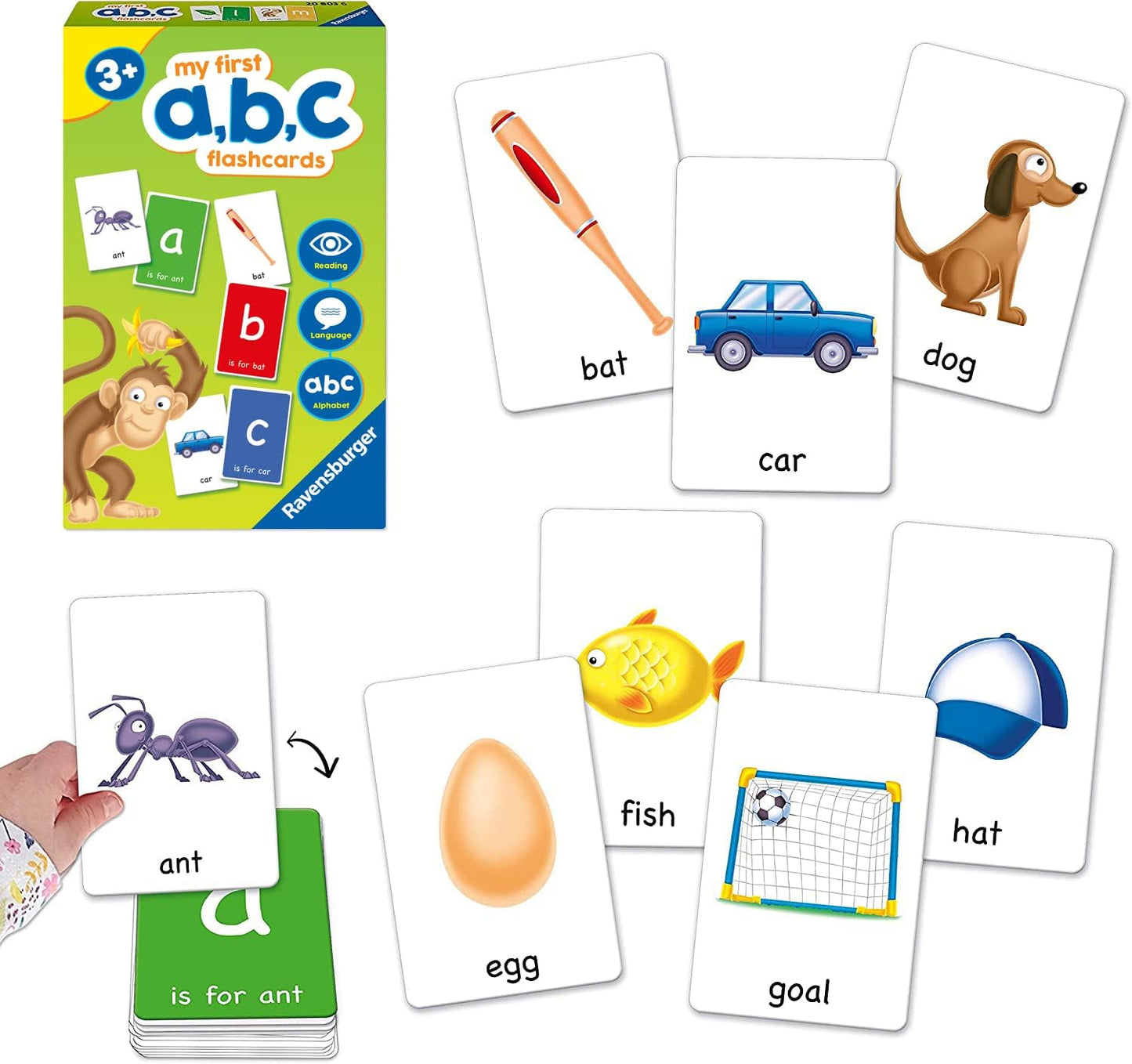 Ravensburger My First ABC flashcards set showing cards: ant, bat, car, dog, egg, fish, goal, and hat, for early learning