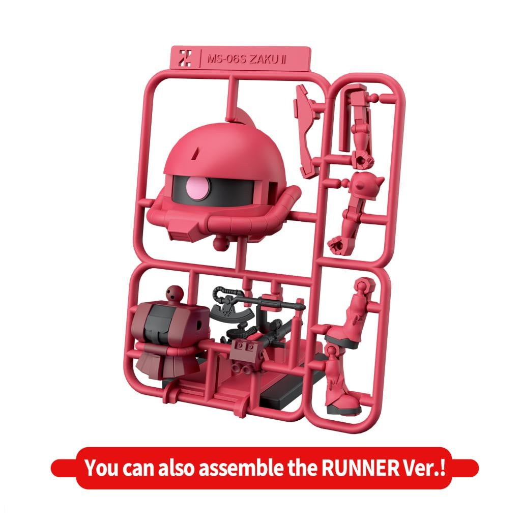 Red MS-06S Zaku II model kit, unassembled on its plastic runner