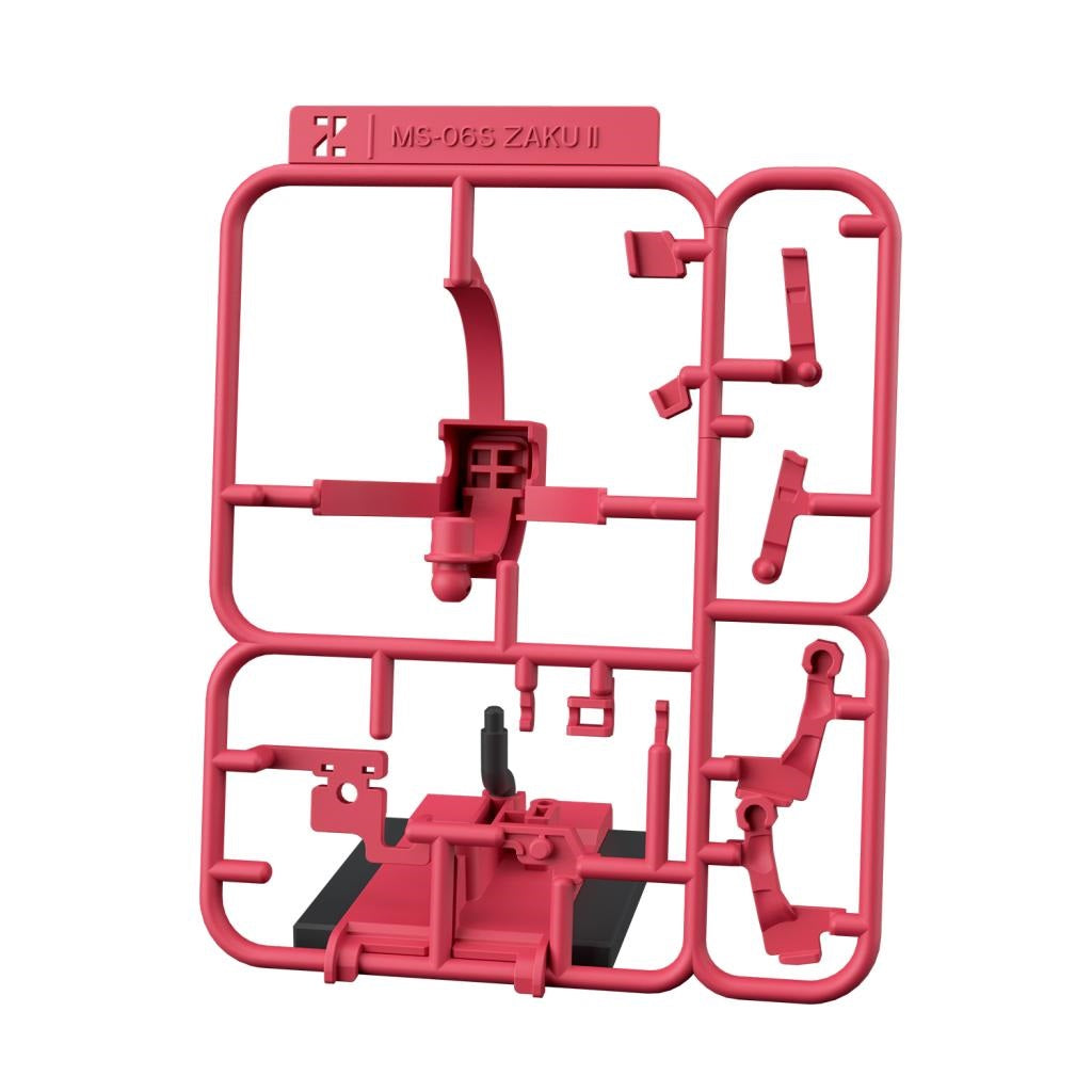Unassembled red plastic model kit parts for an MS-06S Zaku II, still on the runner