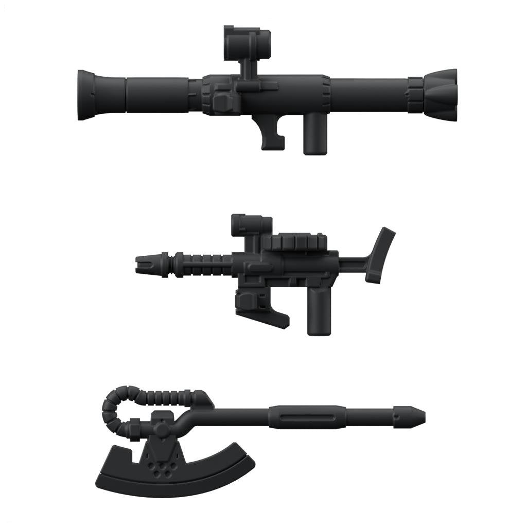 Black toy rocket launcher, rifle, and axe arranged vertically on a white background