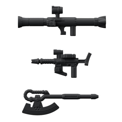 Black toy rocket launcher, rifle, and axe arranged vertically on a white background