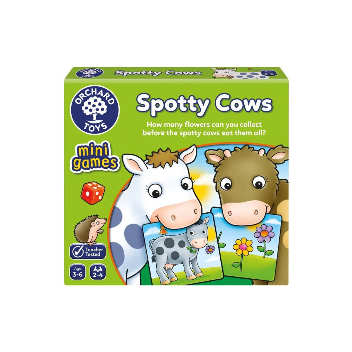 Orchard Toys Spotty Cows Mini Game box showing cartoon cows, flowers, and game cards