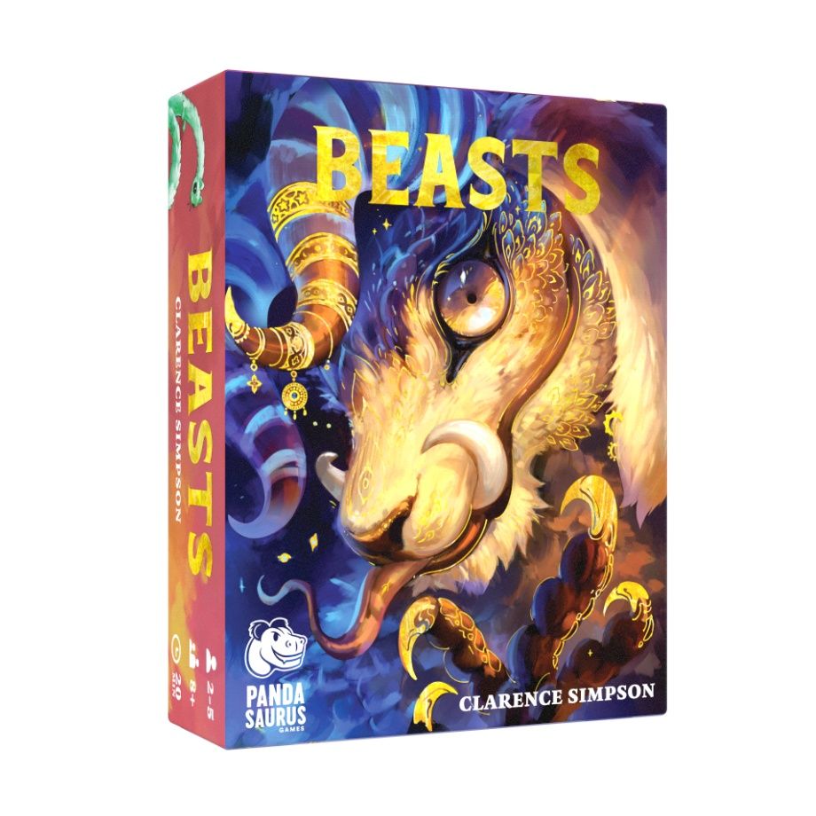 Beasts board game box featuring striking fantasy art of a golden mythological creature with large tusks, glowing eyes, and claws
