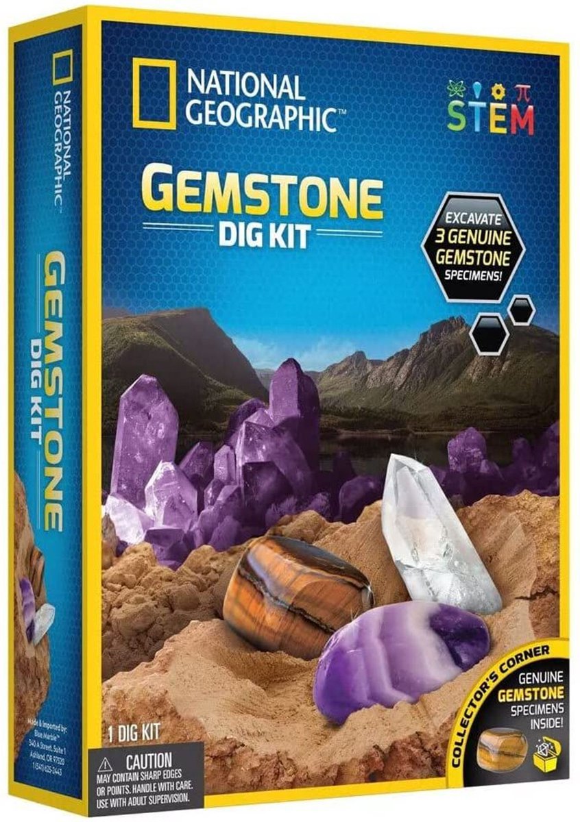 National Geographic Gemstone Dig Kit STEM box, features amethyst, quartz, and tiger's eye stones ready for excavation