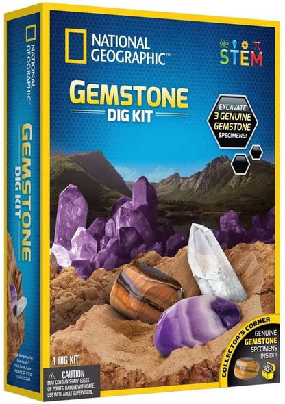 National Geographic Gemstone Dig Kit STEM box, features amethyst, quartz, and tiger's eye stones ready for excavation