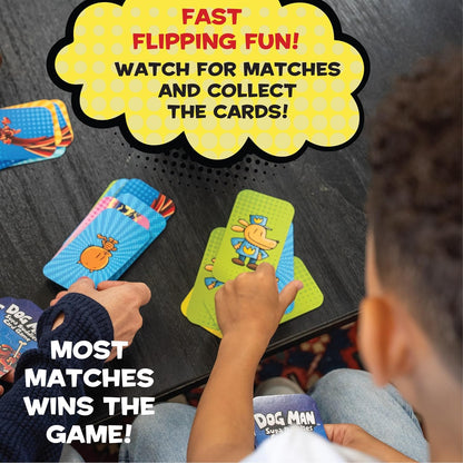 Close-up of two players' hands playing a Dog Man Supa Buddies matching card game