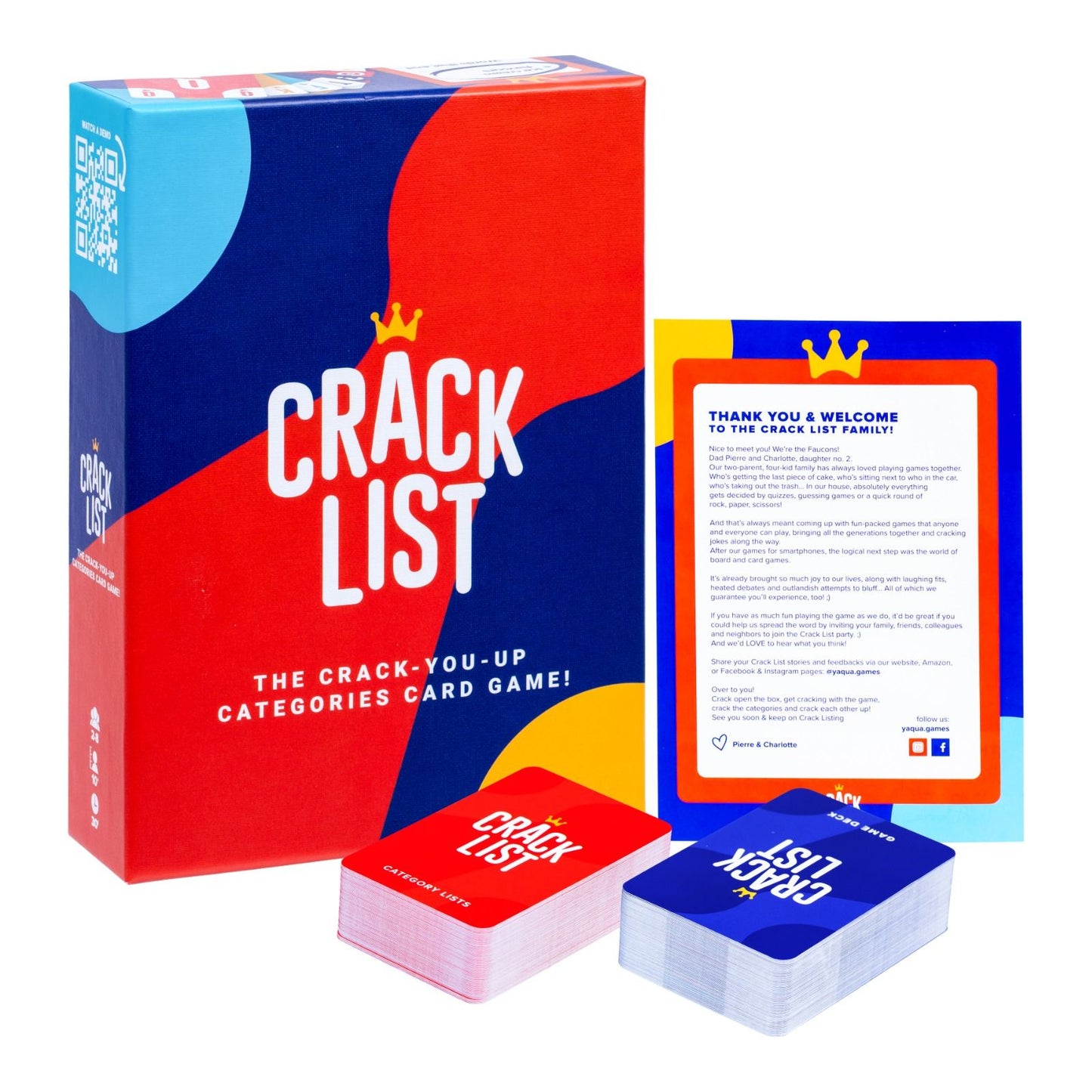 Crack List categories card game set, showing the red and blue box, welcome sheet, and two distinct decks of playing cards