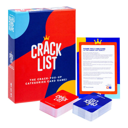 Crack List categories card game set, showing the red and blue box, welcome sheet, and two distinct decks of playing cards