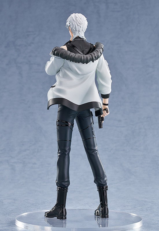 Figure of an anime man wearing a white hooded jacket with black accents black pants and black boots
