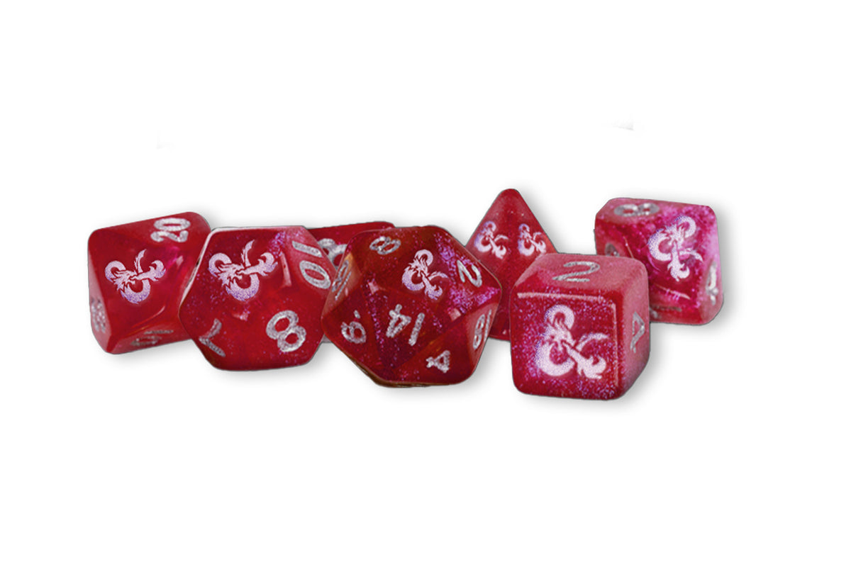 Set of mini D&amp;D dice in sparkling red with silver numbers and logo