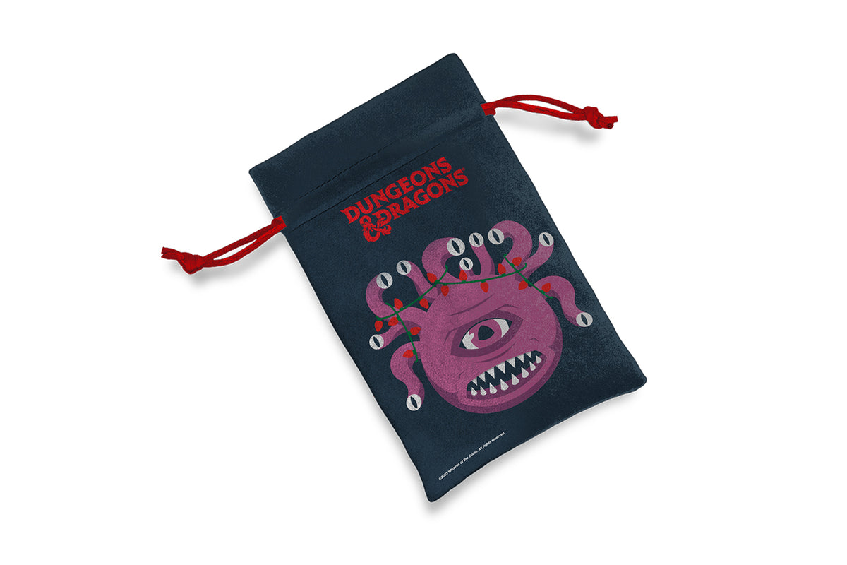 Dungeons &amp; Dragons Beholder Christmas Lights navy fabric dice bag with red drawstring
