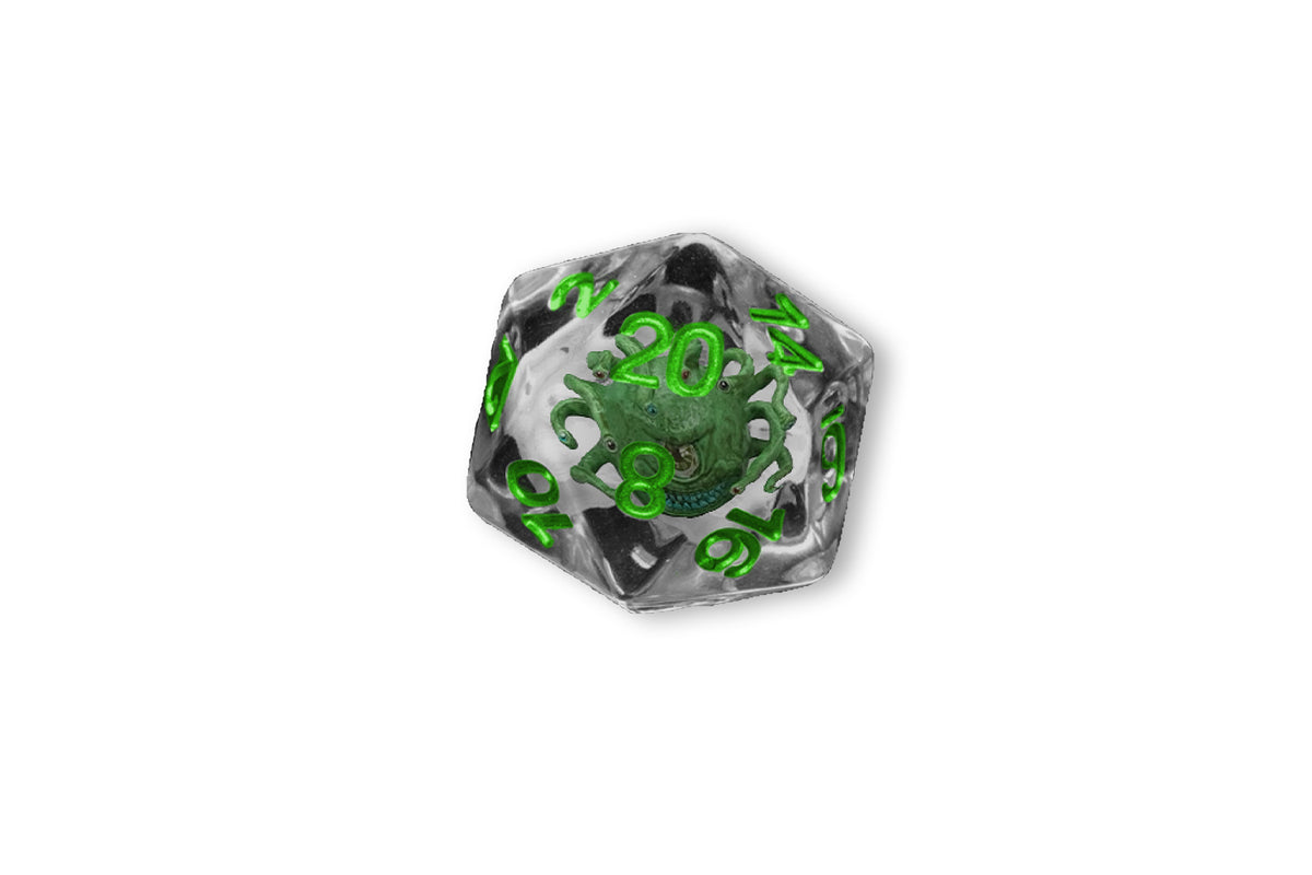 Clear D20 dice with a green Beholder eye monster design inside
