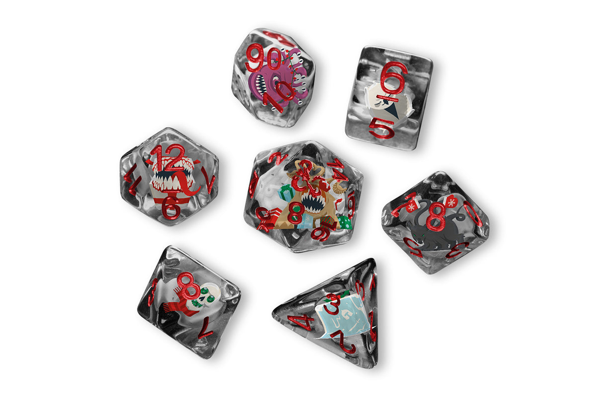 Set of clear and gray 12 Days Mimic dice with red numbers