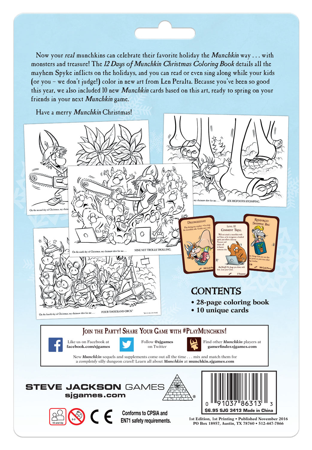 Back cover of the coloring book featuring a preview of internal pages with playful holiday-themed Munchkin sketches