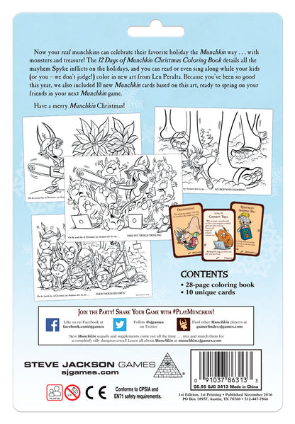 Back cover of the coloring book featuring a preview of internal pages with playful holiday-themed Munchkin sketches