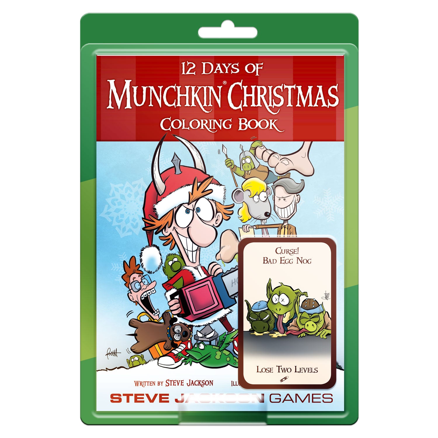 Coloring book front page showing detailed black-and-white artwork of Munchkin characters in a Christmas setting, ready for coloring