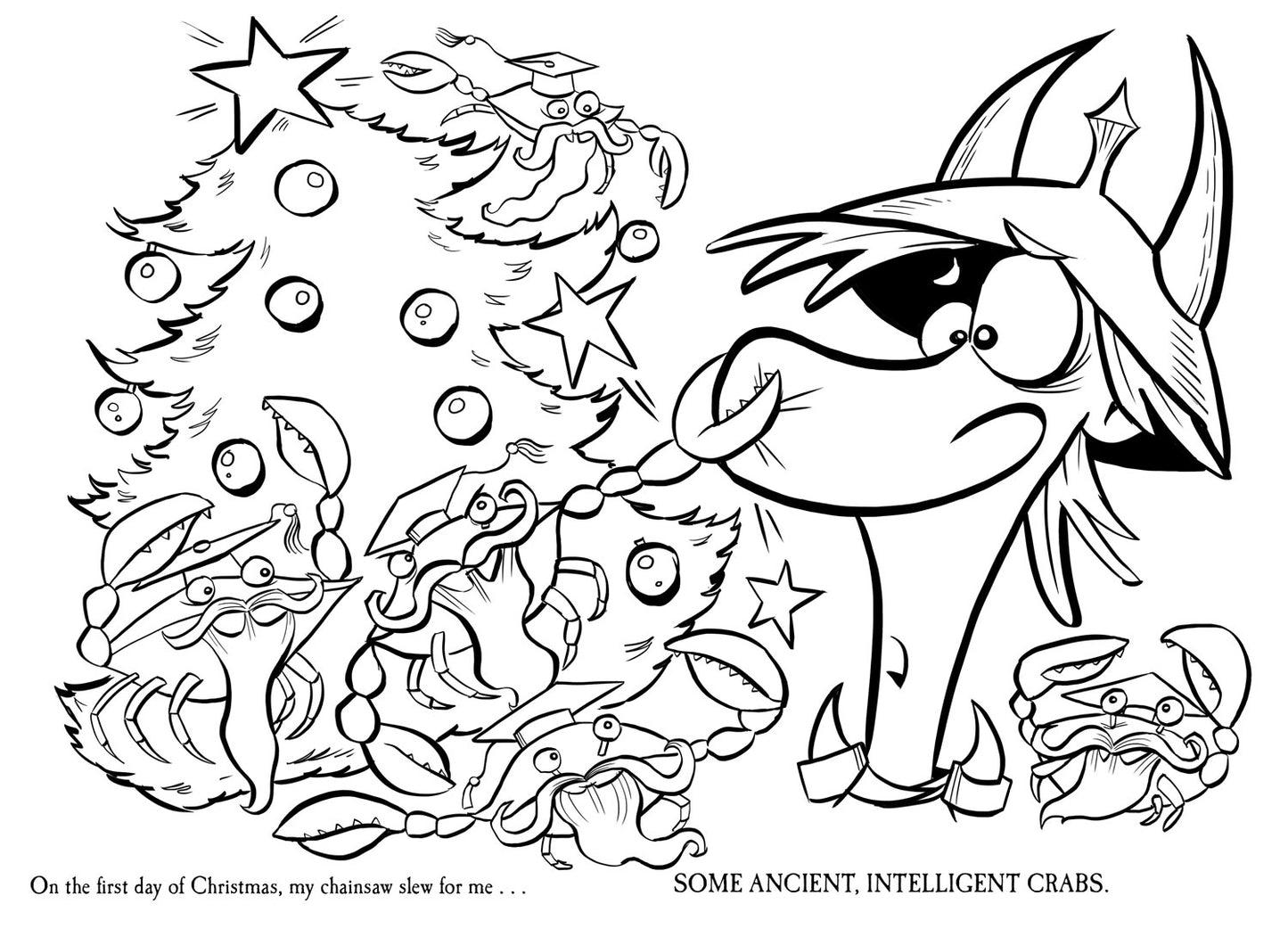 Open spread of pages 4 and 5 from the coloring book showing humorous Munchkin scenes with elves, monsters, and wrapped gifts